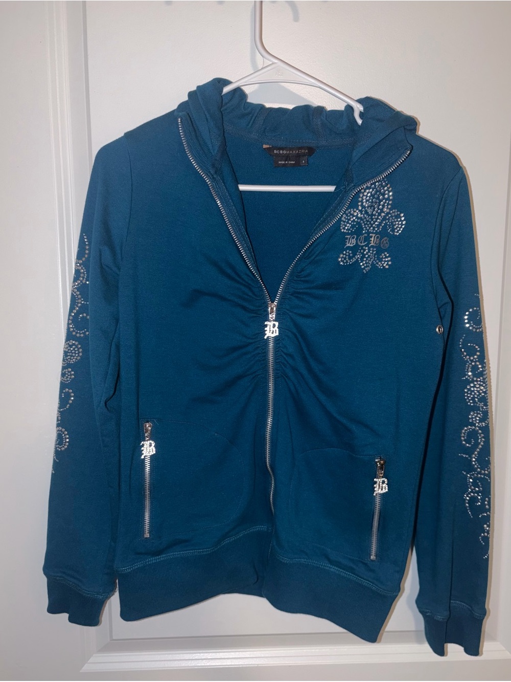 BCBGMAXAZRIA Vintage Y2K Teal Rhinestone Zip Hoodie Jacket